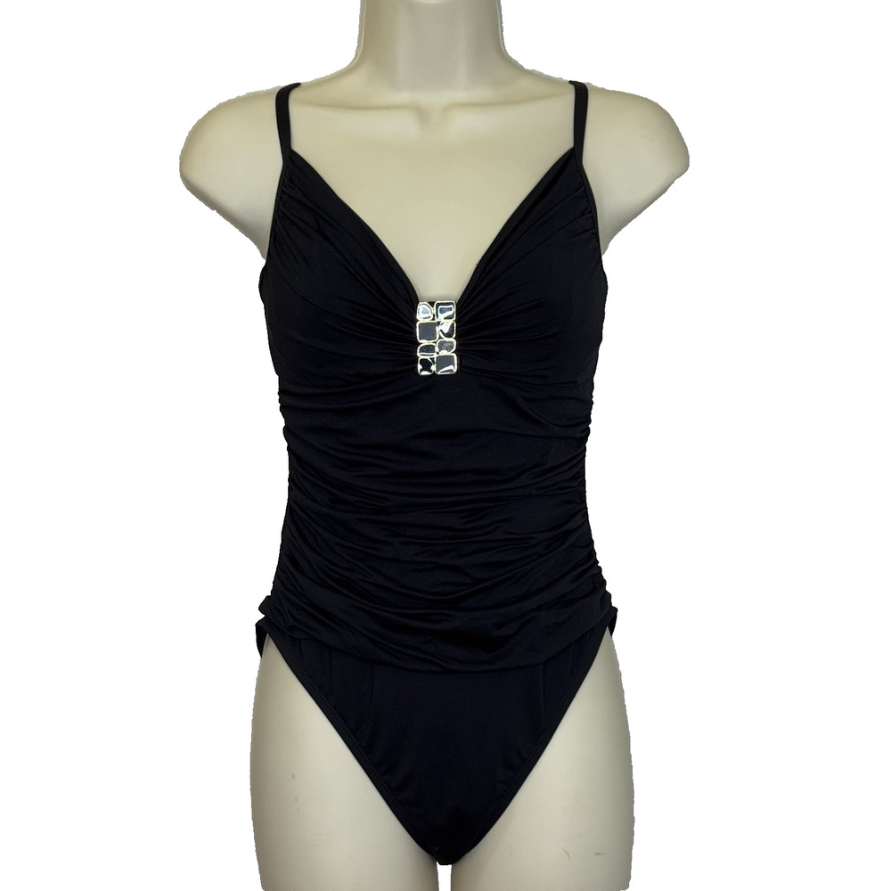 La Blanca by Rod Beattie One Piece Swimsuit Sz 8 Black Ruched Tummy High Cut Leg